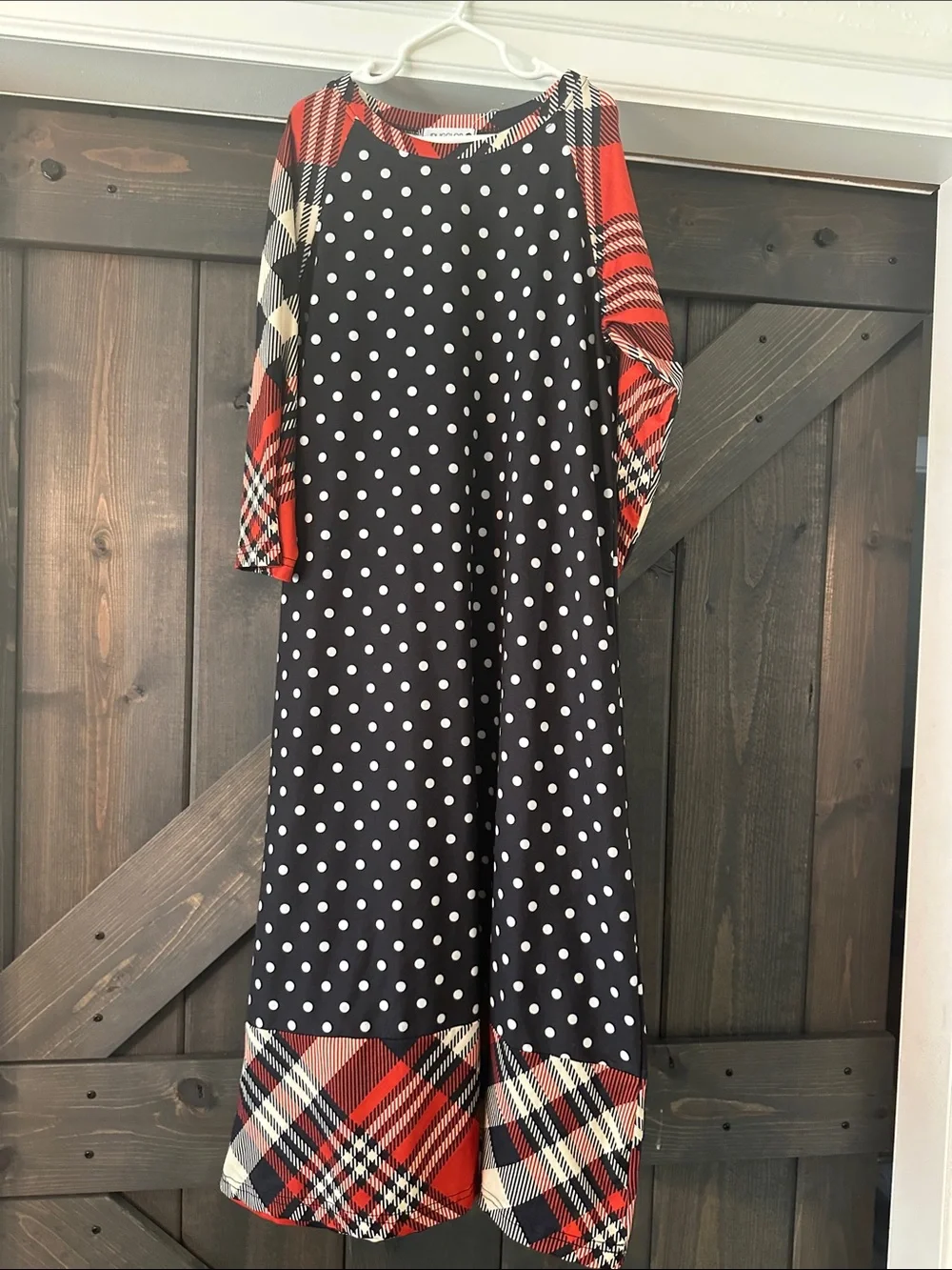Girls Black Polka Dot & Red Plaid Raglan Dress